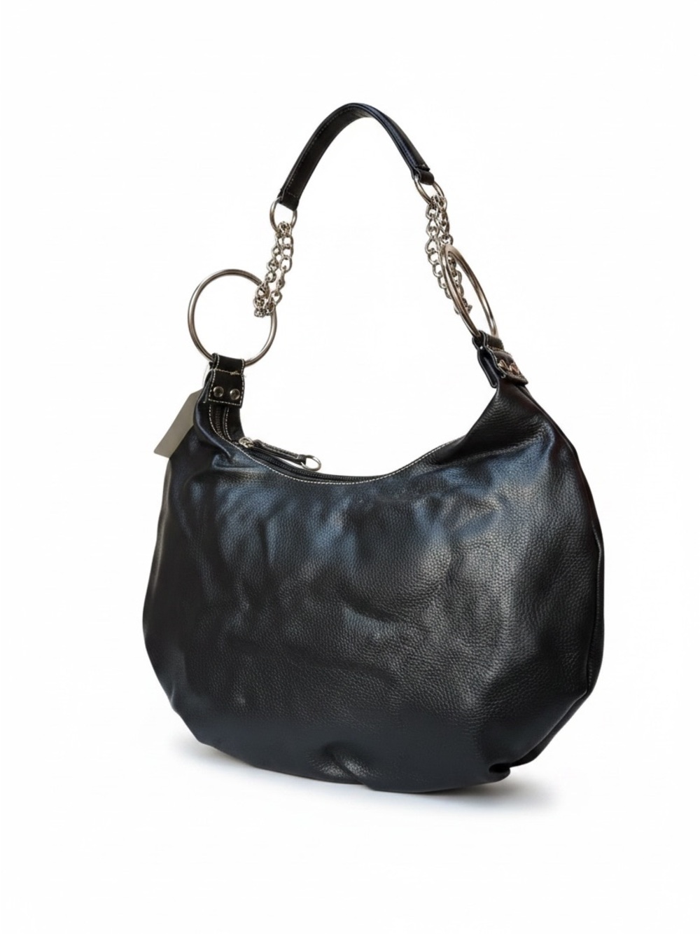 Black Pebbled Leather Hobo with Chain-Detail Shoulder Strap